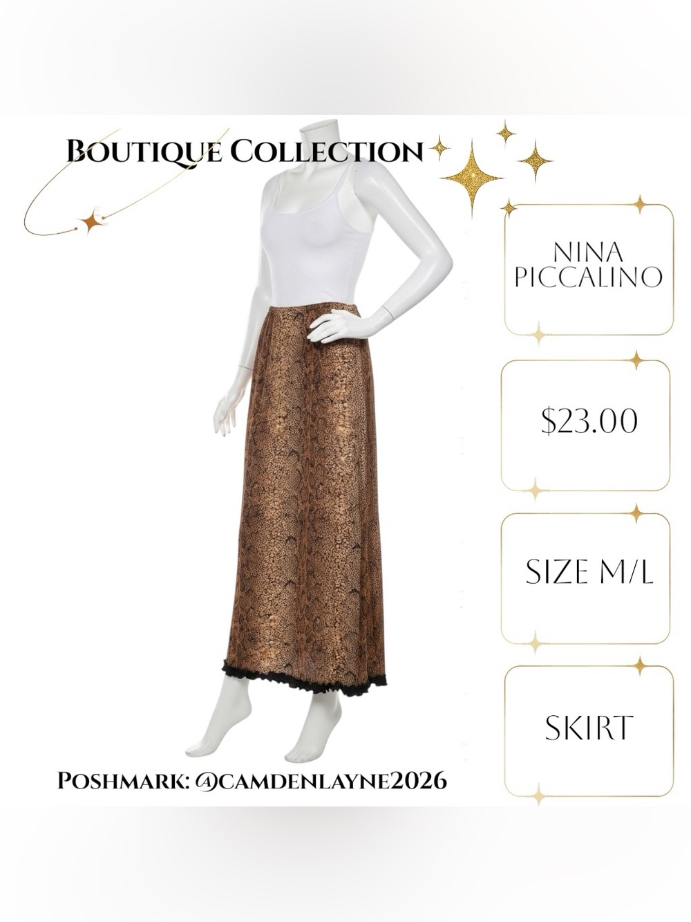 Nina Piccalino Brown Snake-Print Maxi Skirt with Black Lace Trim - Picture 6 of 9
